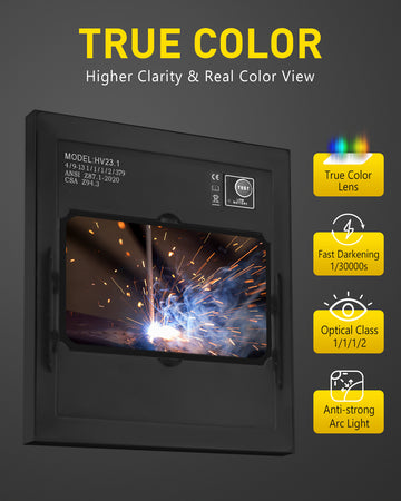 HV23.1 Welding Helmet Auto Darkening, 3.94"x2.36" Large Viewing Screen True Color Solar/Battery Power, 4 Arc Sensor Wide Shade 4/5-9/9-13 Welder Mask with Grind/Cut/Weld Mode for TIG MIG ARC